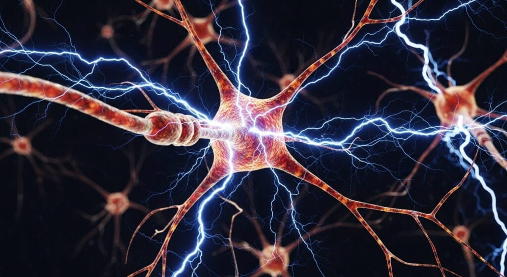 Misterios del cerebro humano: lo que la ciencia aún no explica 7 imagen detallada de neuronas con chispas eléctricas, neurociencia y misterios del cerebro humano.