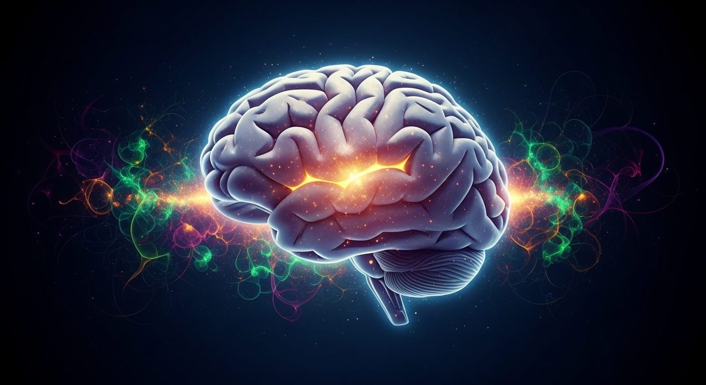 misterios del cerebro humano ilustración digital del cerebro brillante con patrones abstractos.