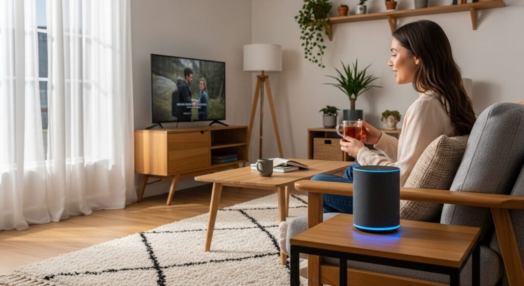 Persona usando asistente de voz con inteligencia artificial en la vida diaria