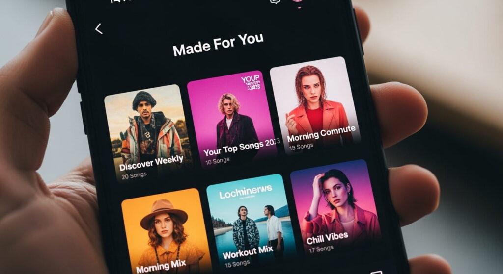 Aplicación de música recomendando listas personalizadas con inteligencia artificial en la vida diaria