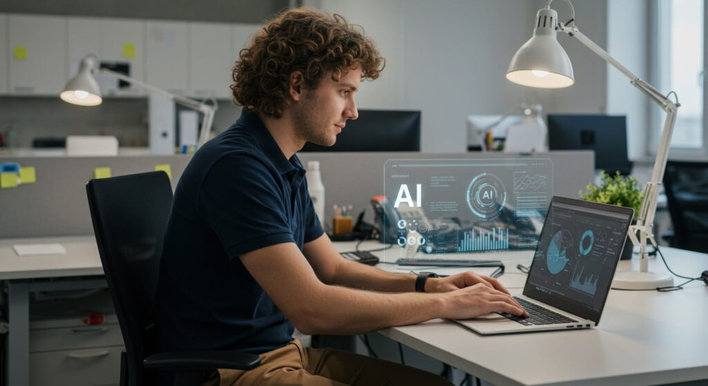 Trabajador de oficina usando herramientas con inteligencia artificial en la vida diaria