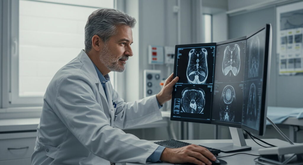 Médico revisando imágenes médicas generadas por inteligencia artificial en la vida diaria