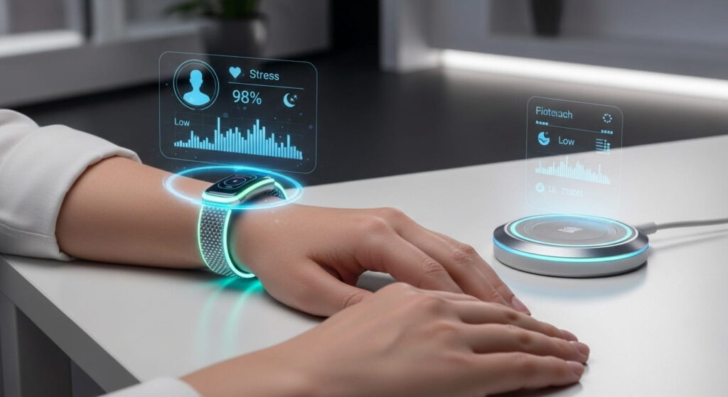 Dispositivo portátil midiendo salud con inteligencia artificial en la vida diaria