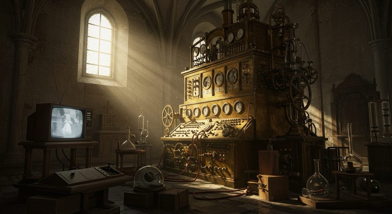 Representación artística del cronovisor, la legendaria máquina del tiempo del padre Pellegrino Ernetti