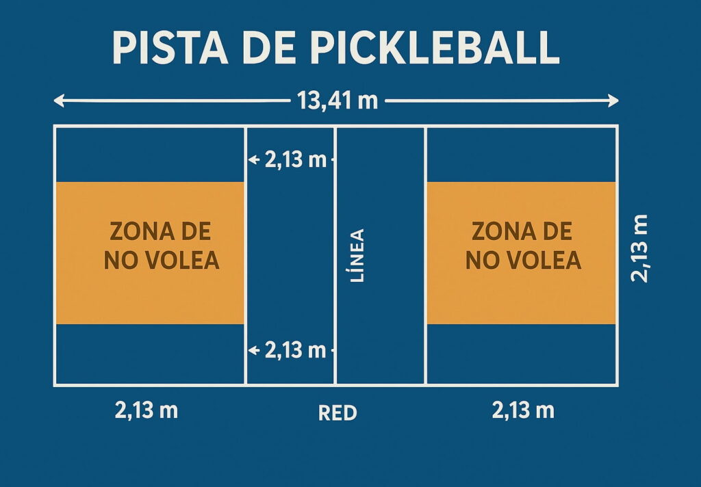 Infografía de la pista de pickleball con medidas y la zona de no volea marcada