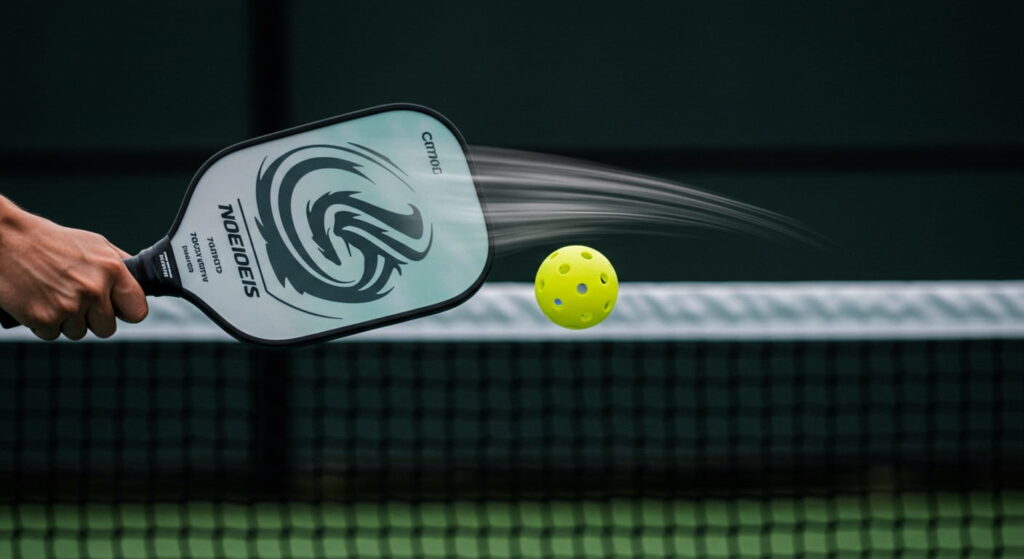 Primer plano de pala y pelota perforada de pickleball cruzando la red