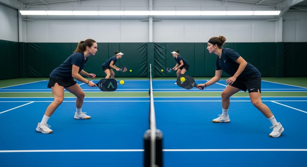 Dos jugadores en la línea de cocina haciendo dinks de pickleball en pista indoor