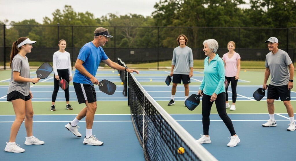 Clínica de iniciación a pickleball con entrenador enseñando desplazamientos