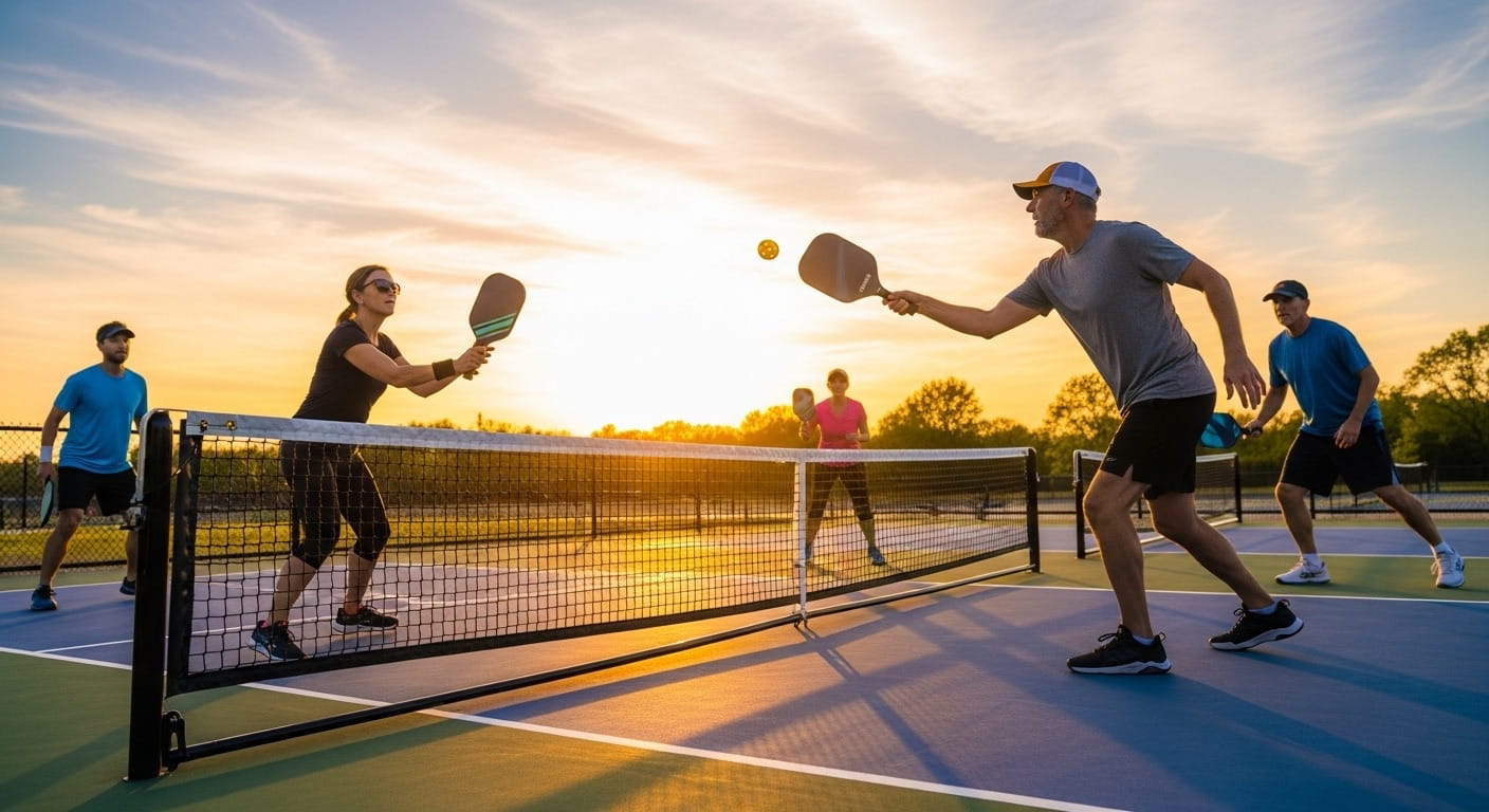 Partida al atardecer de pickleball en pista exterior con cuatro jugadores en acción