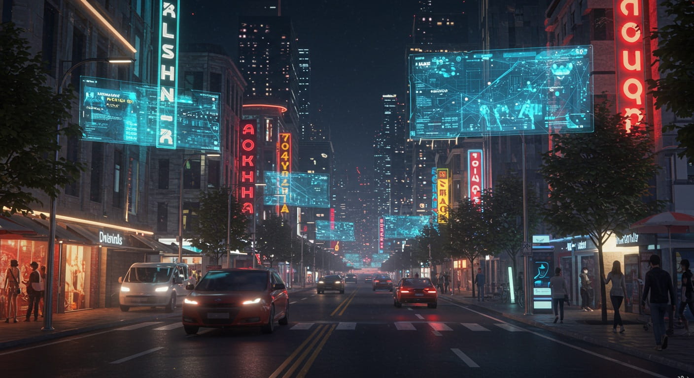 Ciudad futurista con coches autónomos y dispositivos con inteligencia artificial en la vida diaria