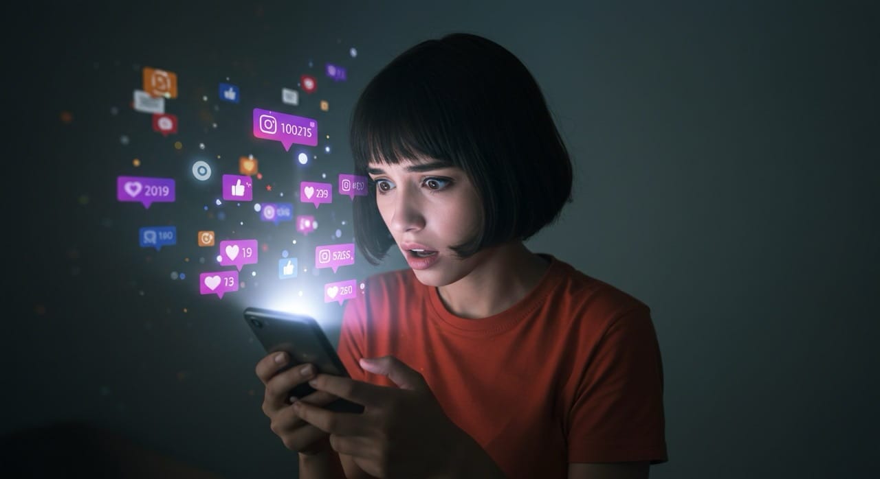 Joven con ansiedad moderna revisando redes sociales en el celular