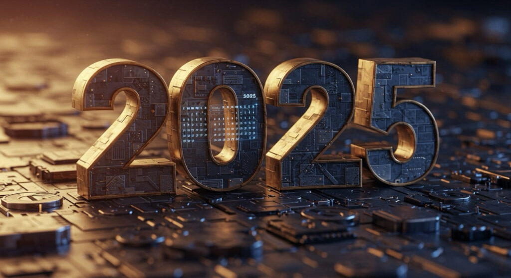 Ilustración vibrante del número 2025 como cuadrado perfecto, destacando datos curiosos 2025 en un calendario futurista.