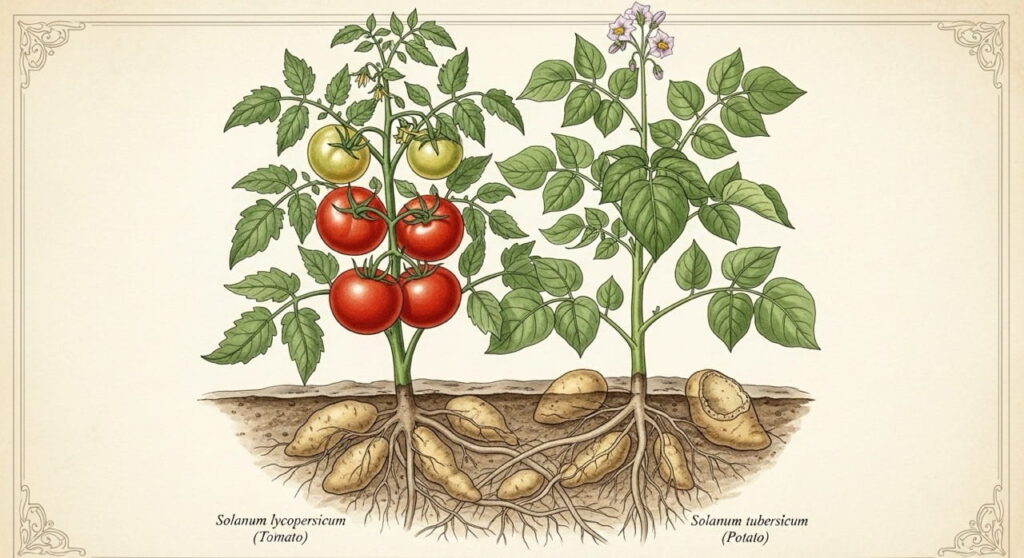 Tomates y patatas como primos en una ilustración botánica, parte de datos curiosos 2025.