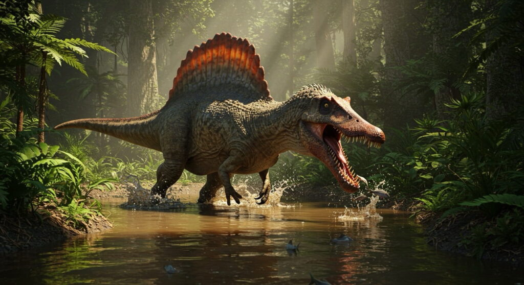 Spinosaurus, uno de los dinosaurios carnívoros más grandes, pescando en un río.