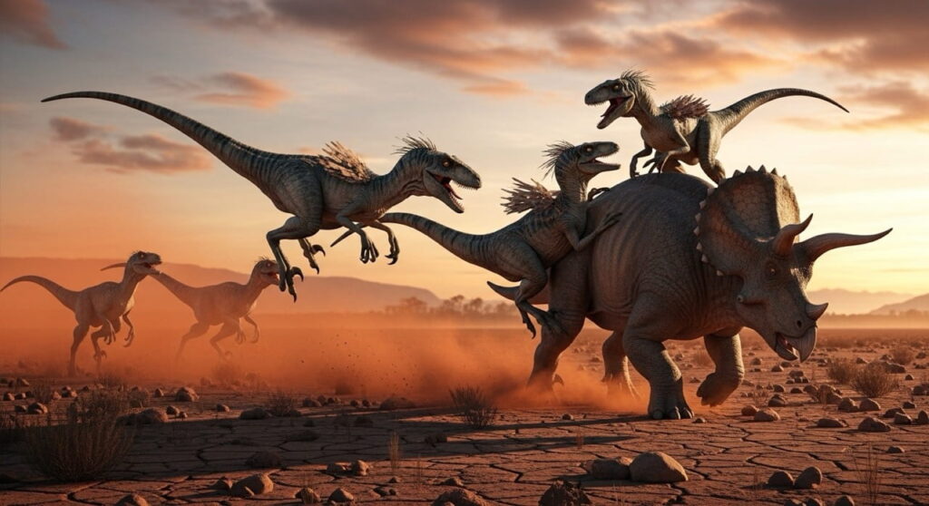 Manada de velociraptors cazando, mostrando la estrategia de dinosaurios carnívoros.