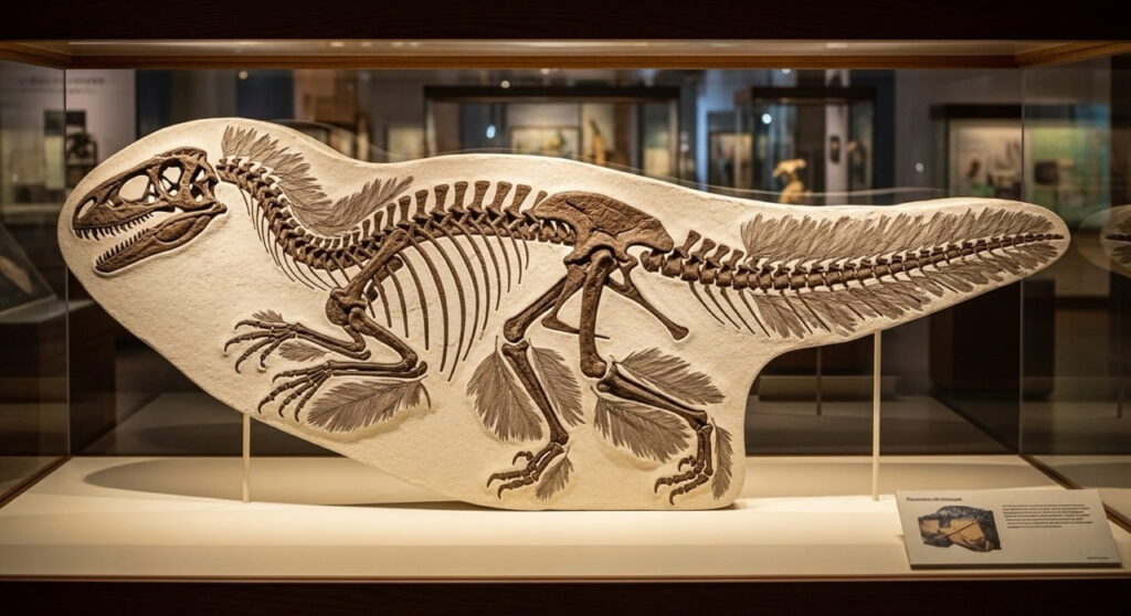 Fósil de velociraptor con plumas, evidencia de dinosaurios carnívoros emplumados.