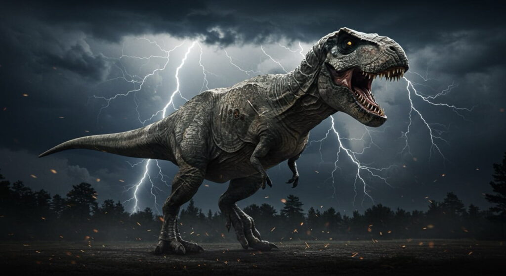 Tiranosaurio rex avanzando con paso firme, símbolo de los dinosaurios carnívoros.