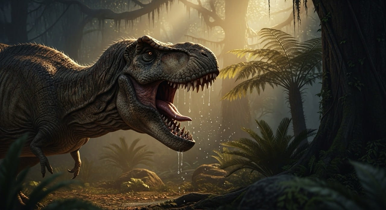 Dinosaurios carnívoros como el T. rex dominando la selva prehistórica.