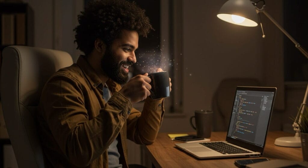 Efemérides geek: Día del Programador y otras fechas tecnológicas 2 Programador celebrando el Día del Programador con café y código