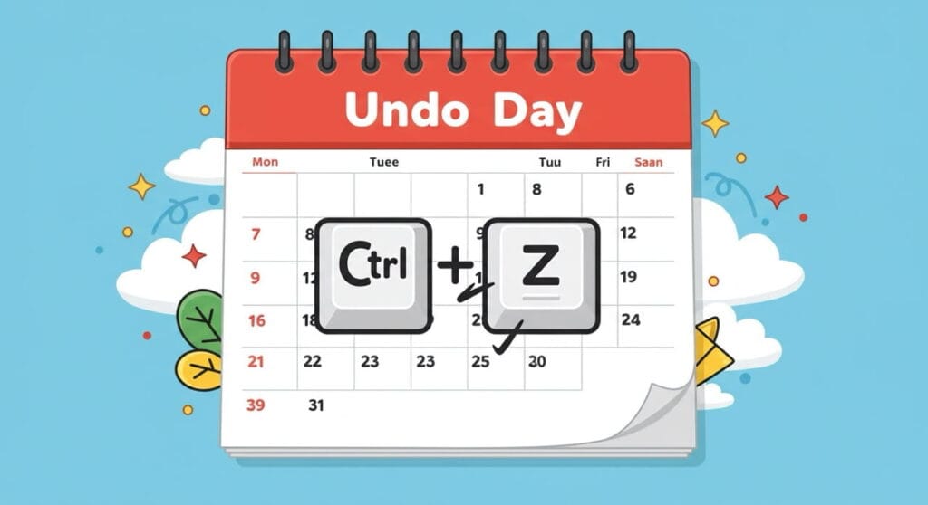 Efemérides geek: Día del Programador y otras fechas tecnológicas 7 Ilustración humorística de un calendario con el Día Mundial del Ctrl+Z