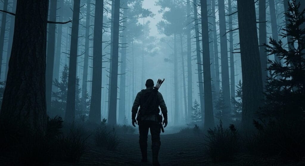 Cazador oculto en un bosque oscuro como metáfora del universo peligroso