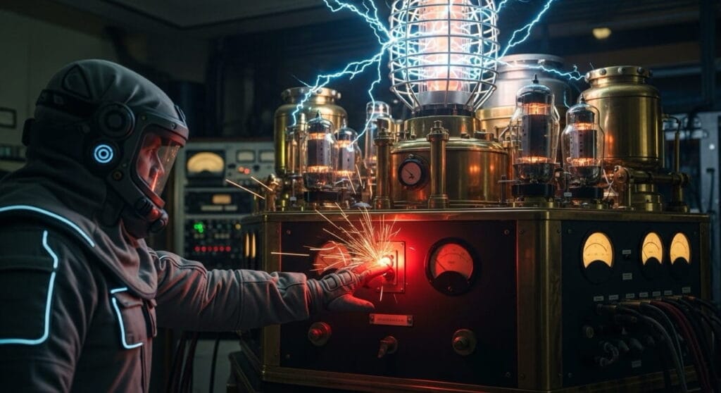 Científico apagando transmisor en relación al silencio del bosque oscuro