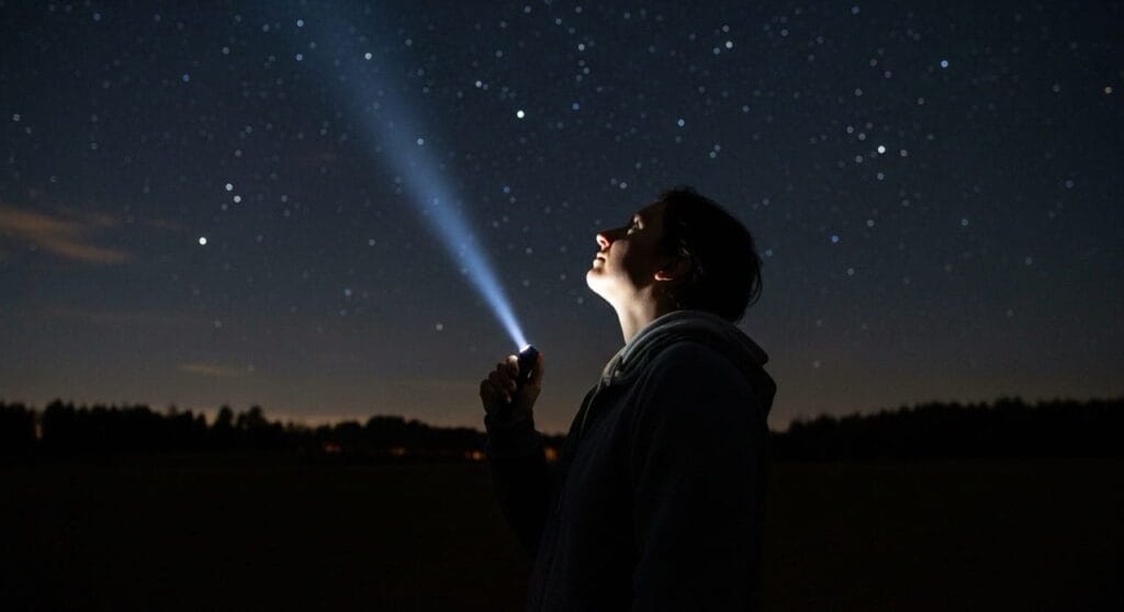 Persona dudando en encender linterna en bosque oscuro como reflexión del cosmos