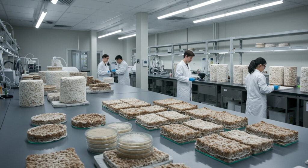 Micelio de hongos usado para crear materiales sostenibles.