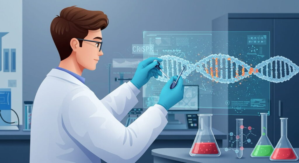 Científico trabajando en edición de genes con CRISPR en laboratorio.