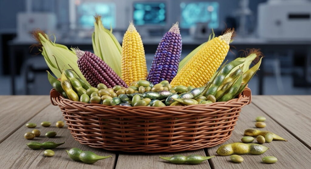 Alimentos transgénicos como maíz y soja en un mercado.