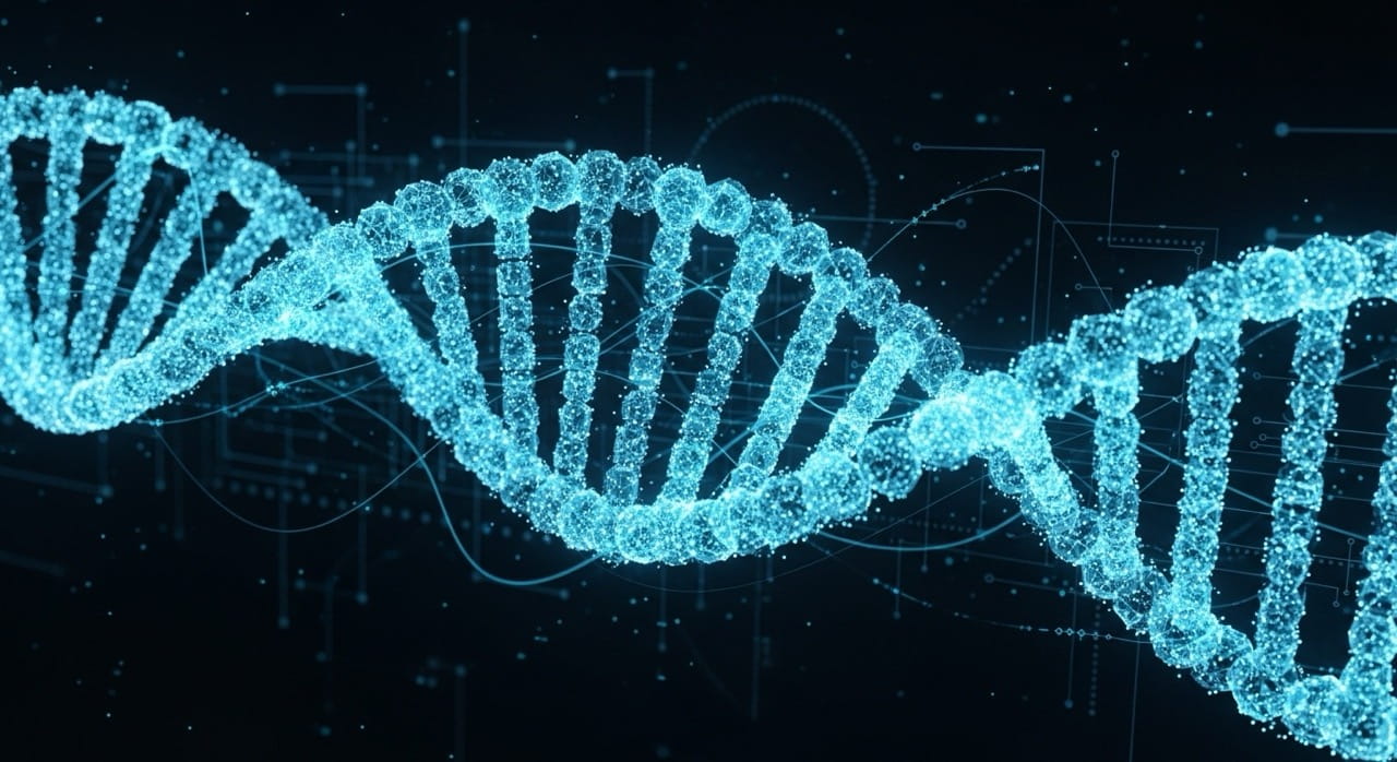 Innovación genética representada con una cadena de ADN futurista.