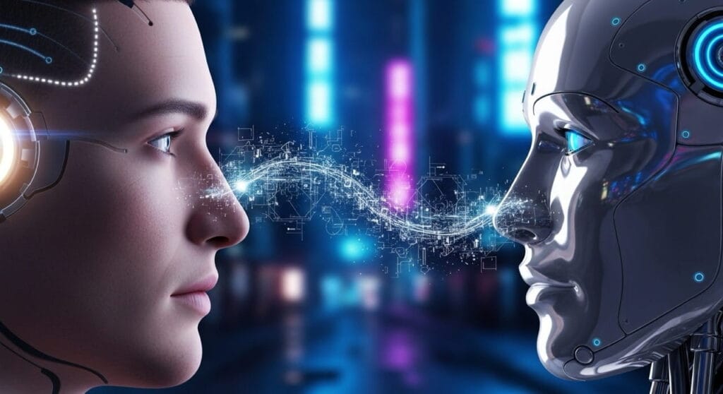 Humano y robot enfrentados en el debate sobre la inteligencia humana y artificial.