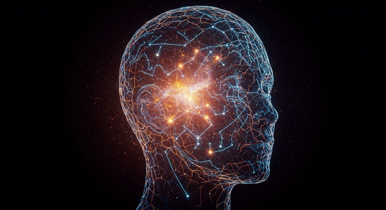 Retrato artístico de una cabeza formada por redes neuronales y constelaciones que simboliza la inteligencia humana.