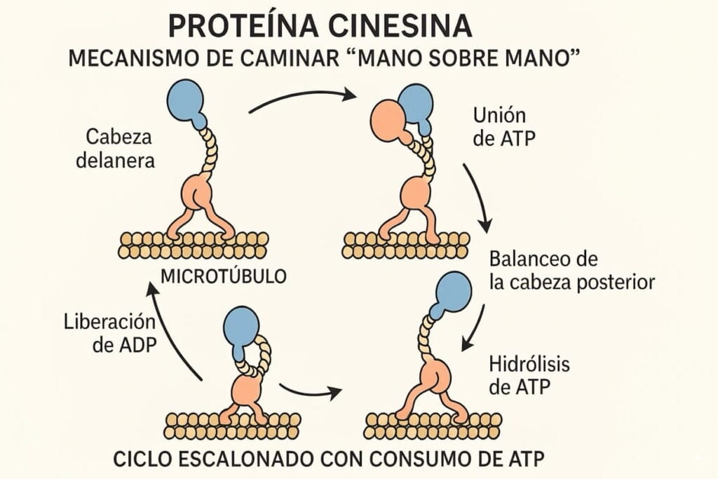 diagrama del mecanismo mano sobre mano de la proteína kinesina con ATP