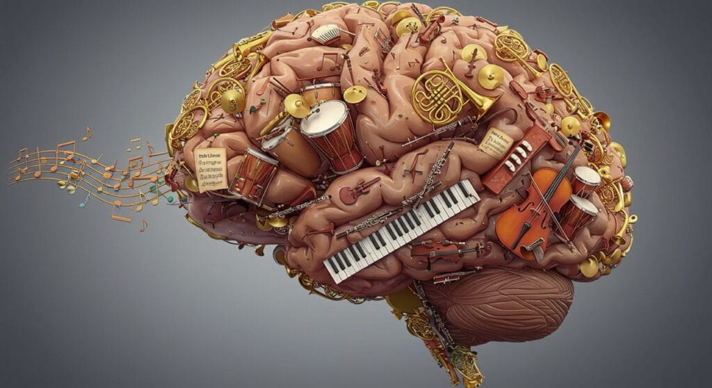 Música y cerebro: cómo los sonidos moldean tu mente 2 Ilustración de cerebro con instrumentos.