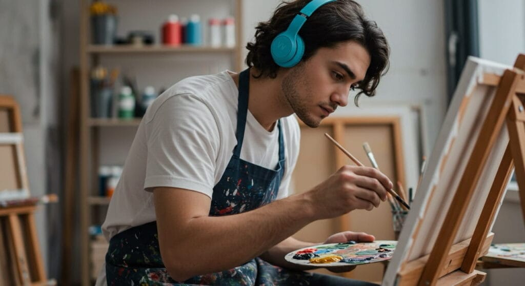 Música y cerebro: cómo los sonidos moldean tu mente 4 Artista creando inspirado por música y cerebro en la creatividad.