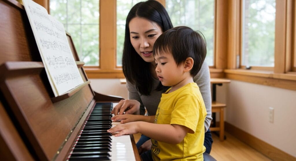 Música y cerebro: cómo los sonidos moldean tu mente 5 Niño aprendiendo piano, beneficios entre música y cerebro en el aprendizaje.