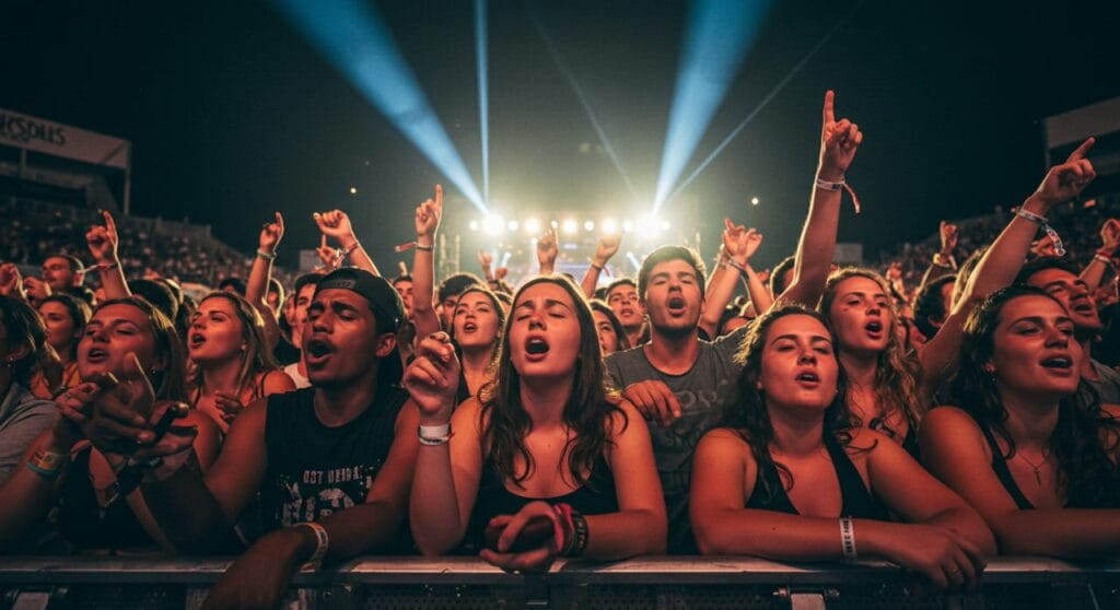Música y cerebro: cómo los sonidos moldean tu mente 6 Multitud cantando en concierto, conexión emocional de la música y cerebro.