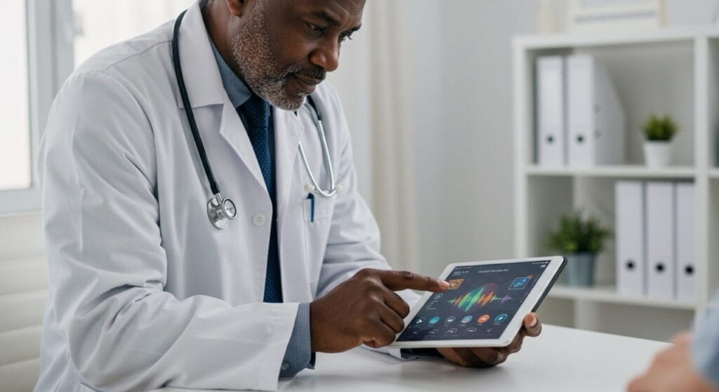 Música y cerebro: cómo los sonidos moldean tu mente 7 Médico usando tecnología IA para musicoterapia y cerebro.