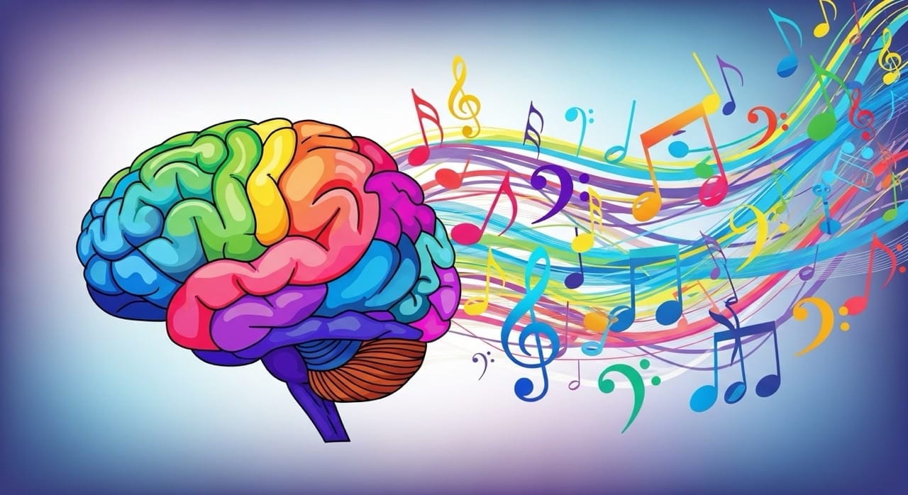 Imagen abstracta del cerebro con notas musicales mostrando la relación entre música y cerebro.