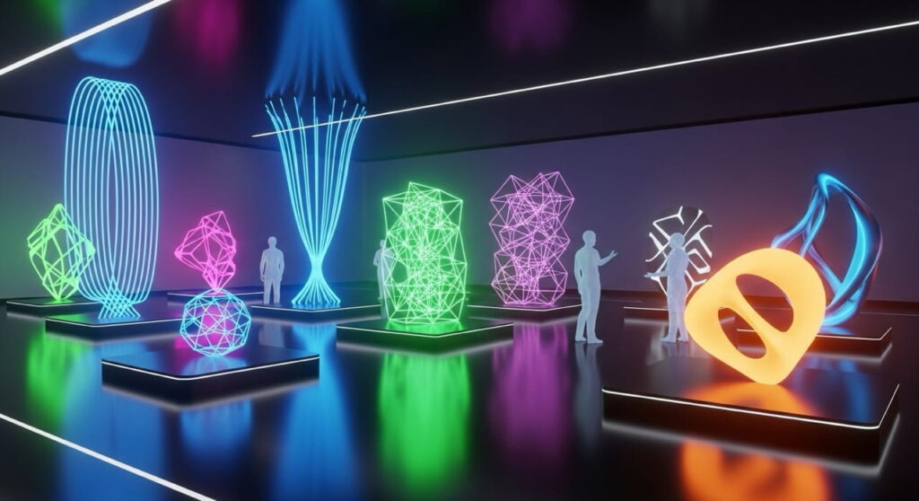 Galería virtual en el metaverso con esculturas digitales en 3D.