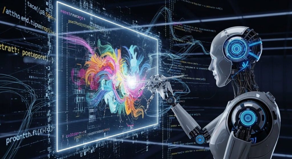 Robot de inteligencia artificial pintando en un lienzo digital (arte digital).