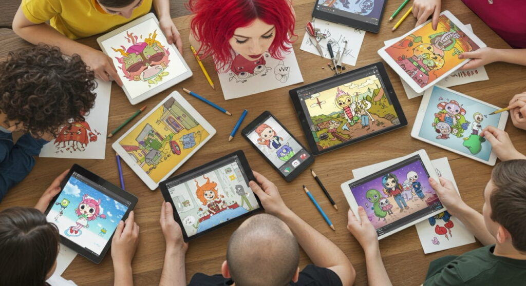 Artistas compartiendo ilustraciones digitales en redes sociales.