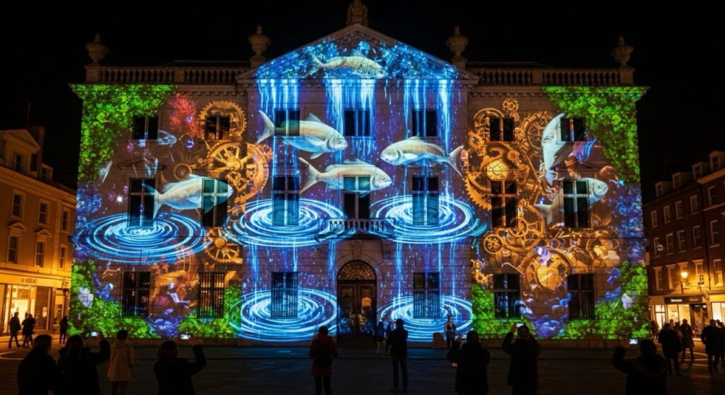 Instalación de proyección artística que mezcla mundo real y virtual.