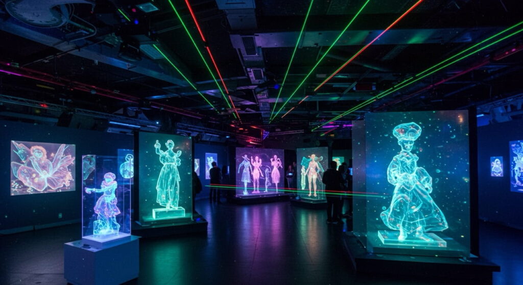 Exposición de arte holográfico con luces futuristas (arte digital).