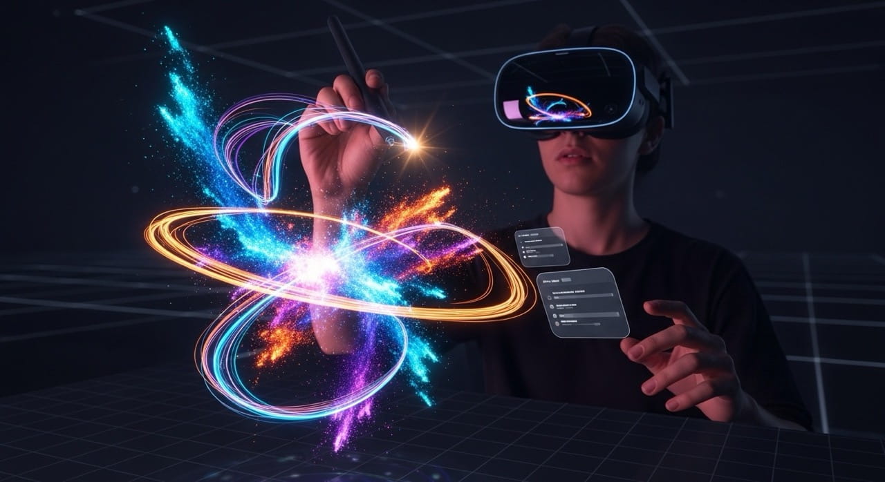 Artista creando arte digital en un estudio virtual con luz y color (arte digital).