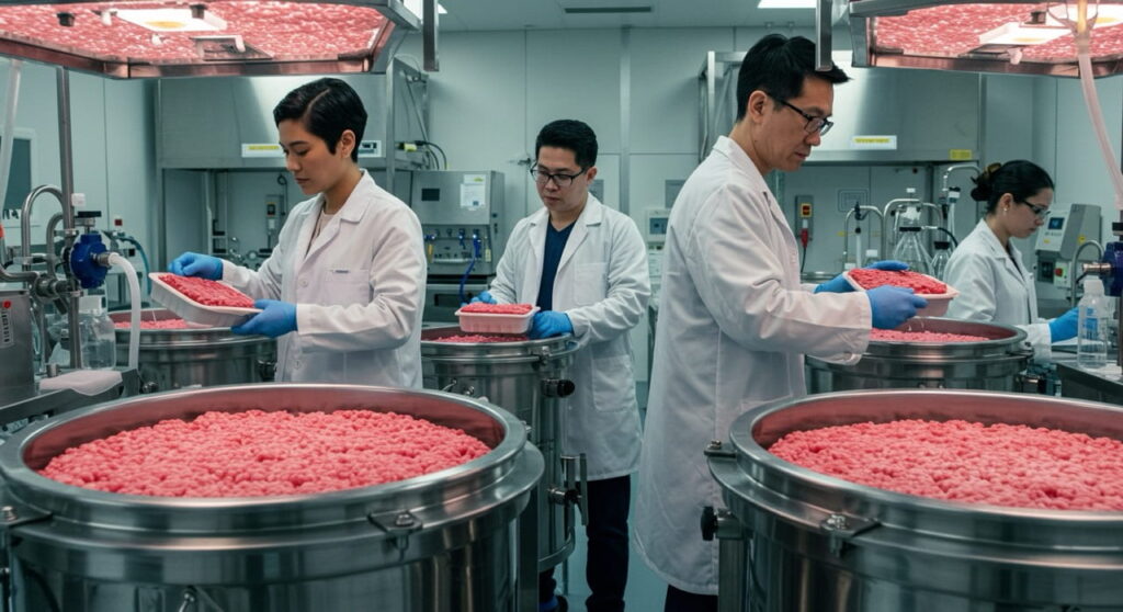 Proceso de producción de carne cultivada en laboratorio.