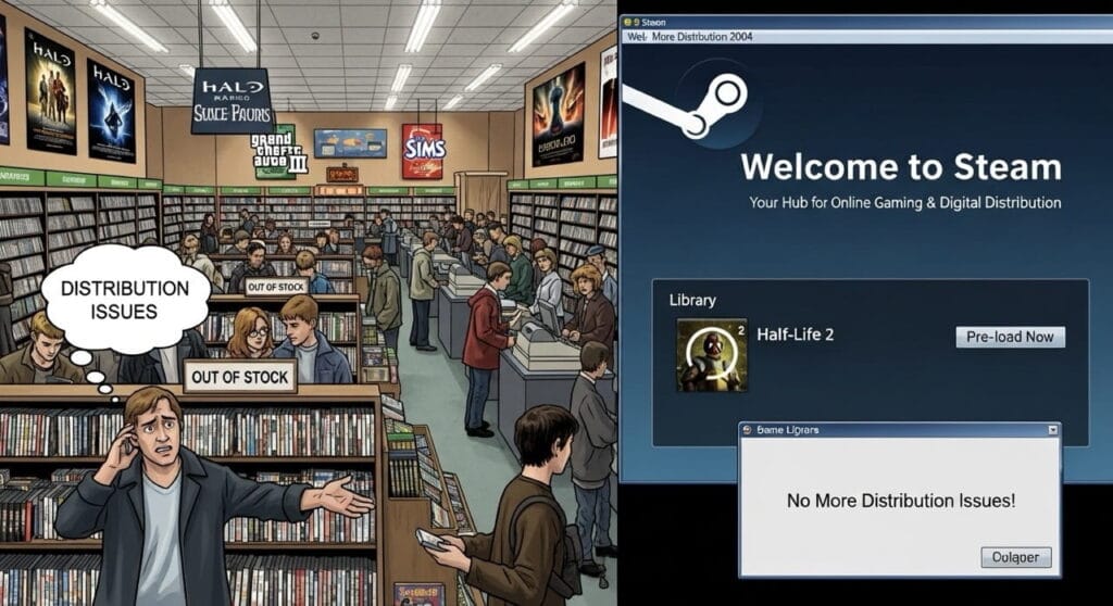 Cómo Nació Steam: La Plataforma por Excelencia de Videojuegos Online 2 Contraste entre una estantería de videojuegos físicos antiguos y una pantalla de ordenador mostrando la primera interfaz de Steam, representando la transición a lo digital