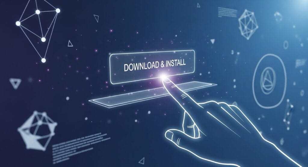 Cómo Nació Steam: La Plataforma por Excelencia de Videojuegos Online 3 Mano estilizada haciendo clic en un botón de descarga digital, con un fondo abstracto de elementos tecnológicos, ilustrando las actualizaciones directas de juegos