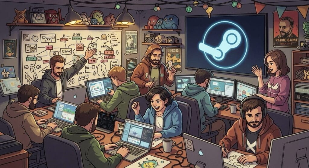 Cómo Nació Steam: La Plataforma por Excelencia de Videojuegos Online 5 Grupo de desarrolladores independientes trabajando creativamente, con el logo de Steam de fondo, simbolizando el apoyo de la plataforma a los juegos indie.